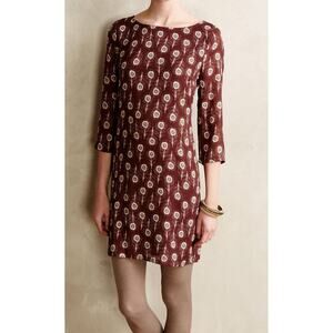 Anthropologie Porridge Brown Piuma Feathers Print Dress Size Small